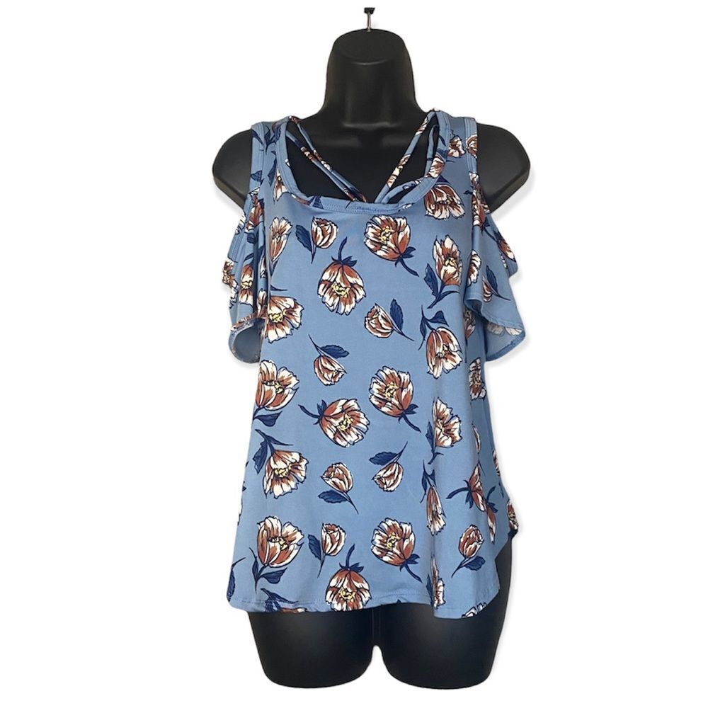 THREADS Studio Cold Shoulder Floral Blue Classy Top Short Sleeve Blouse